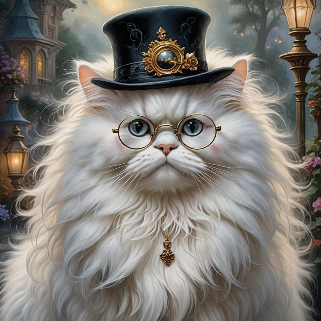 Cousin It Cat with Glasses in Ethereal Style