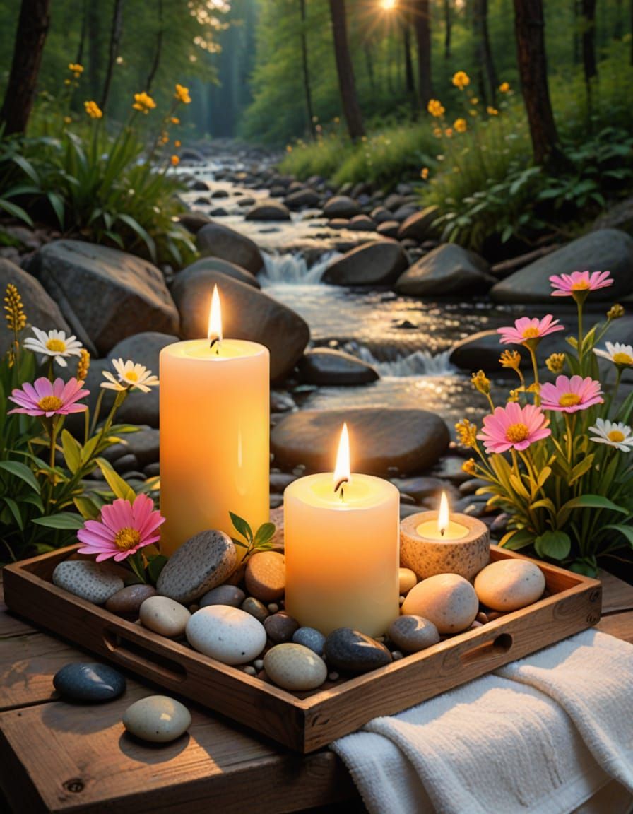 Candles with Wildflowers by Forest Stream in Splash Art