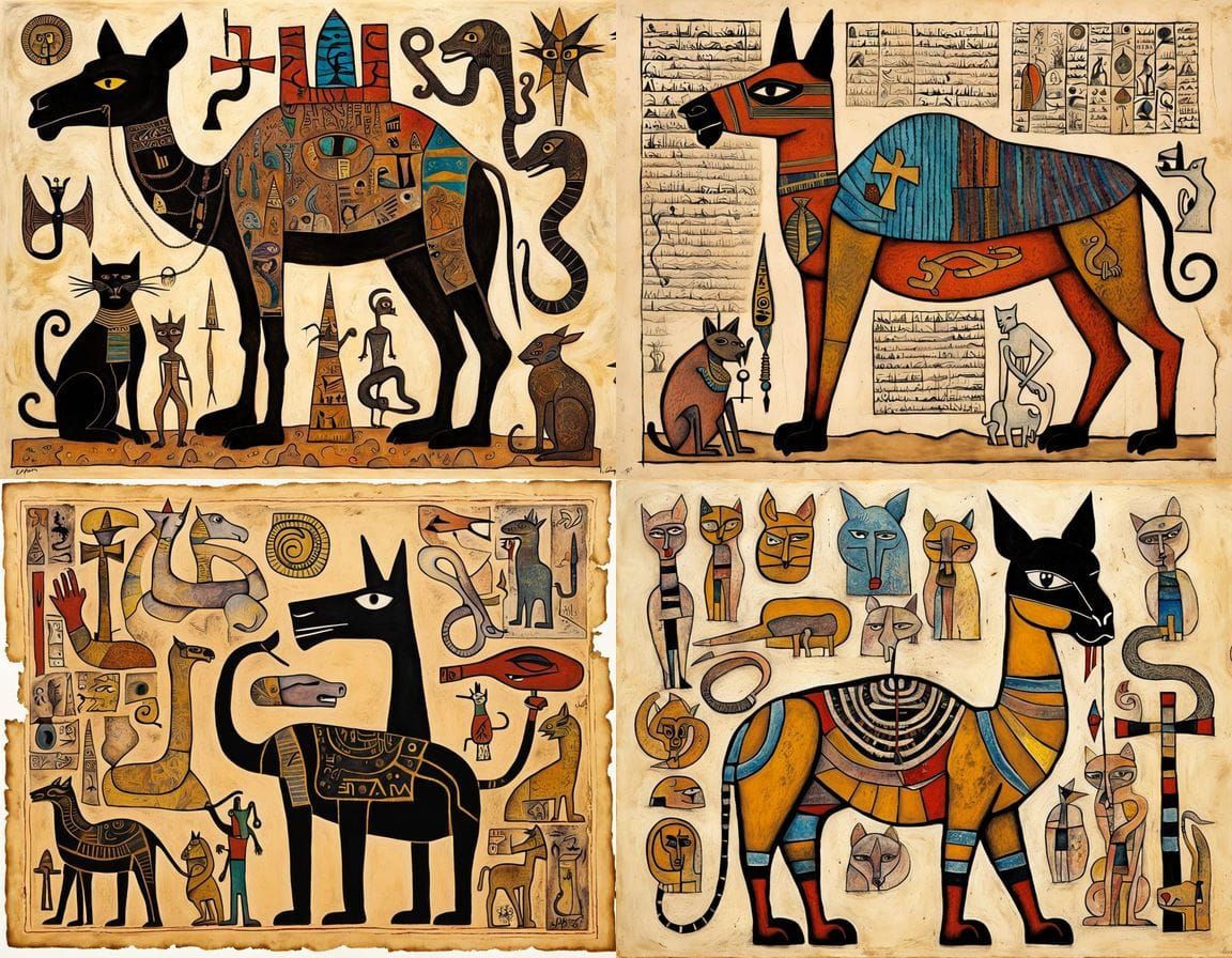 Egyptian Mythical Scene in Mixed Media Collage