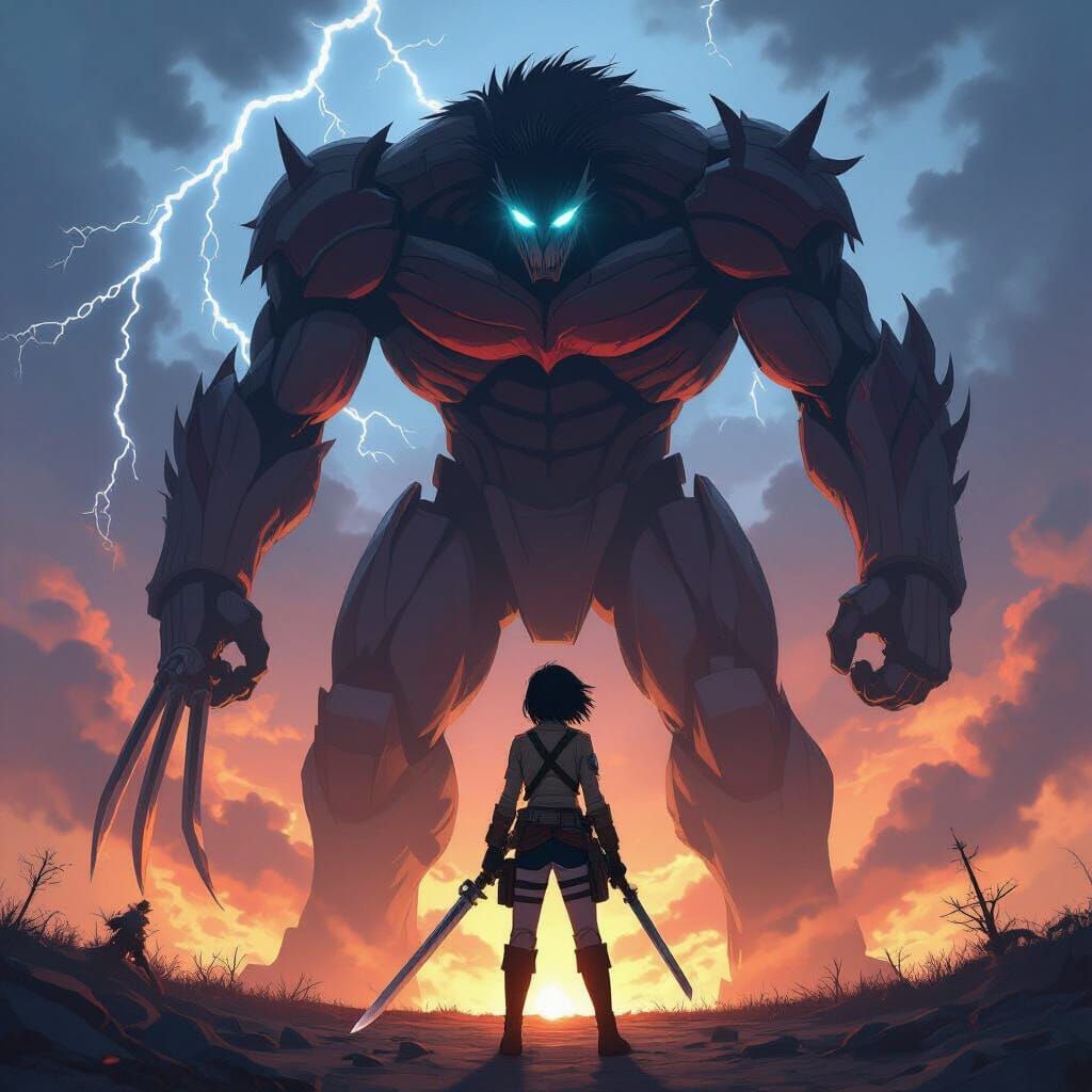 Eren Yeager Titan Form Amidst Battlefield, Anime Style