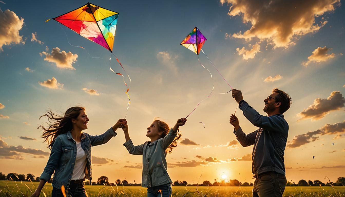 Father and Daughter Flying Kite: Tonalism Oil Splash