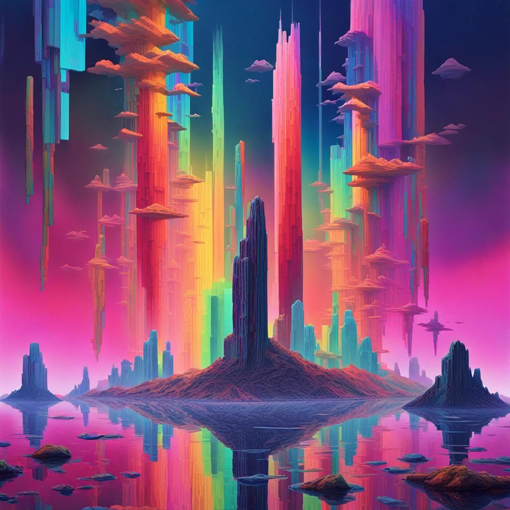 Surreal Landscape with Neon Monoliths and Digital Abstractio...