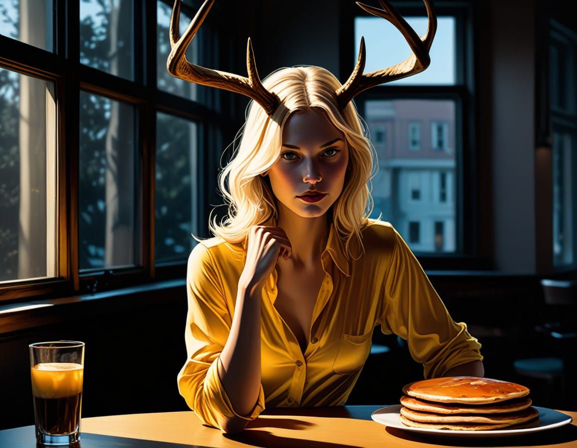 Surreal Cafe Scene with Glowing Pancakes in a Tertiary Color...