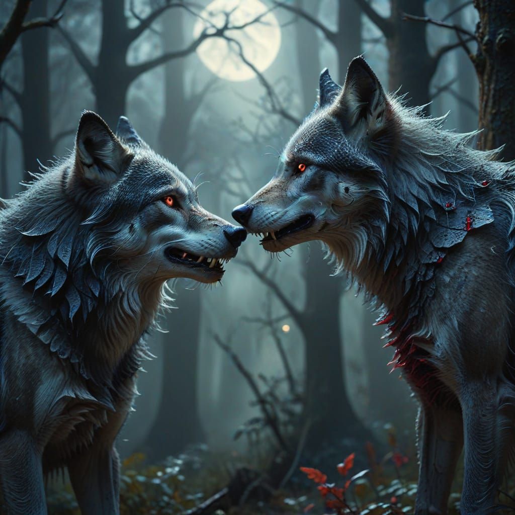 Wolf and Vampire in Misty Forest, Surreal Macro Photography