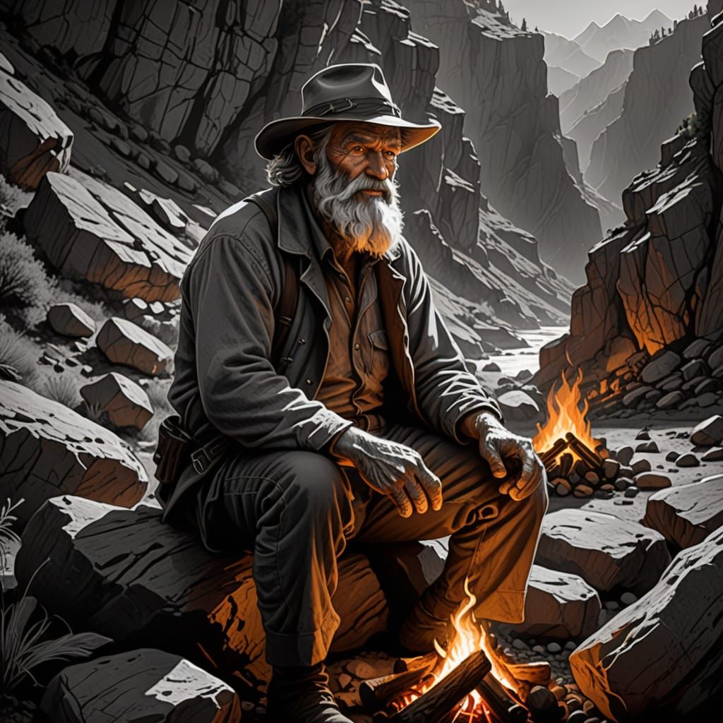 Prospector Campfire Sketch with Dramatic Lighting