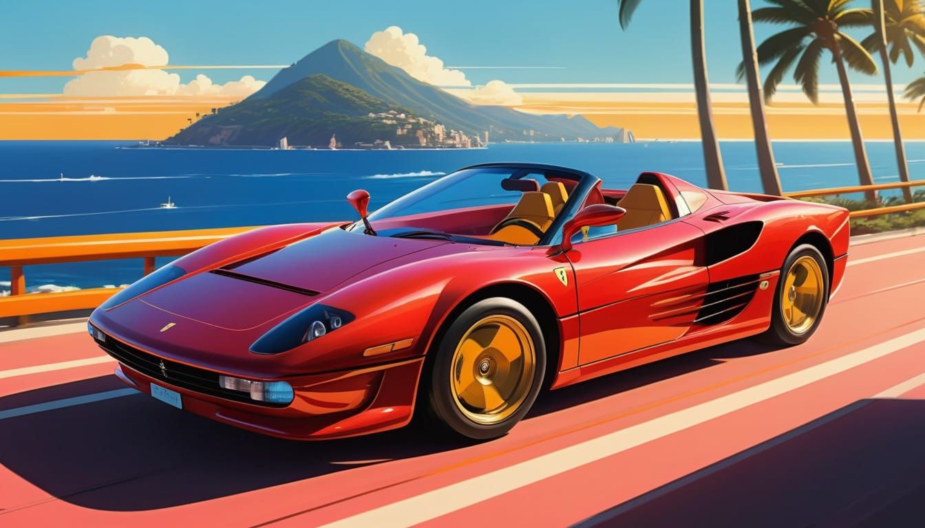Futuristic Anime-Style Ferrari Ride Down a Winding Coast