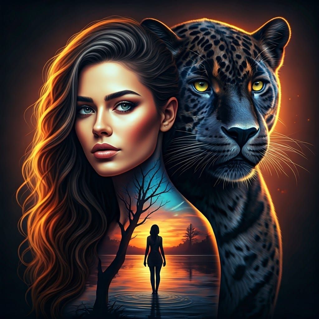 Woman and Jaguar Portrait in Digital Painting Style