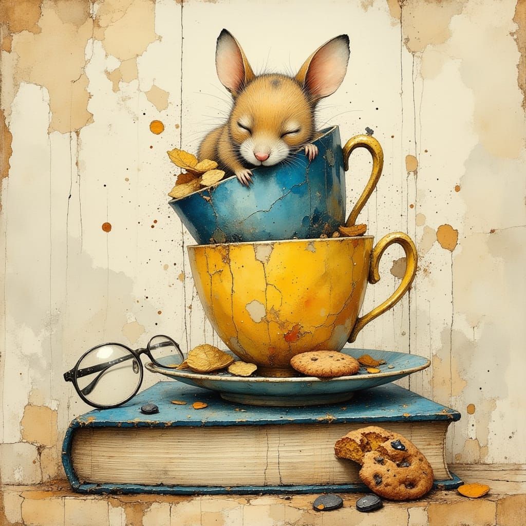 Whimsical Mouse Sleeps in Teacups on Book