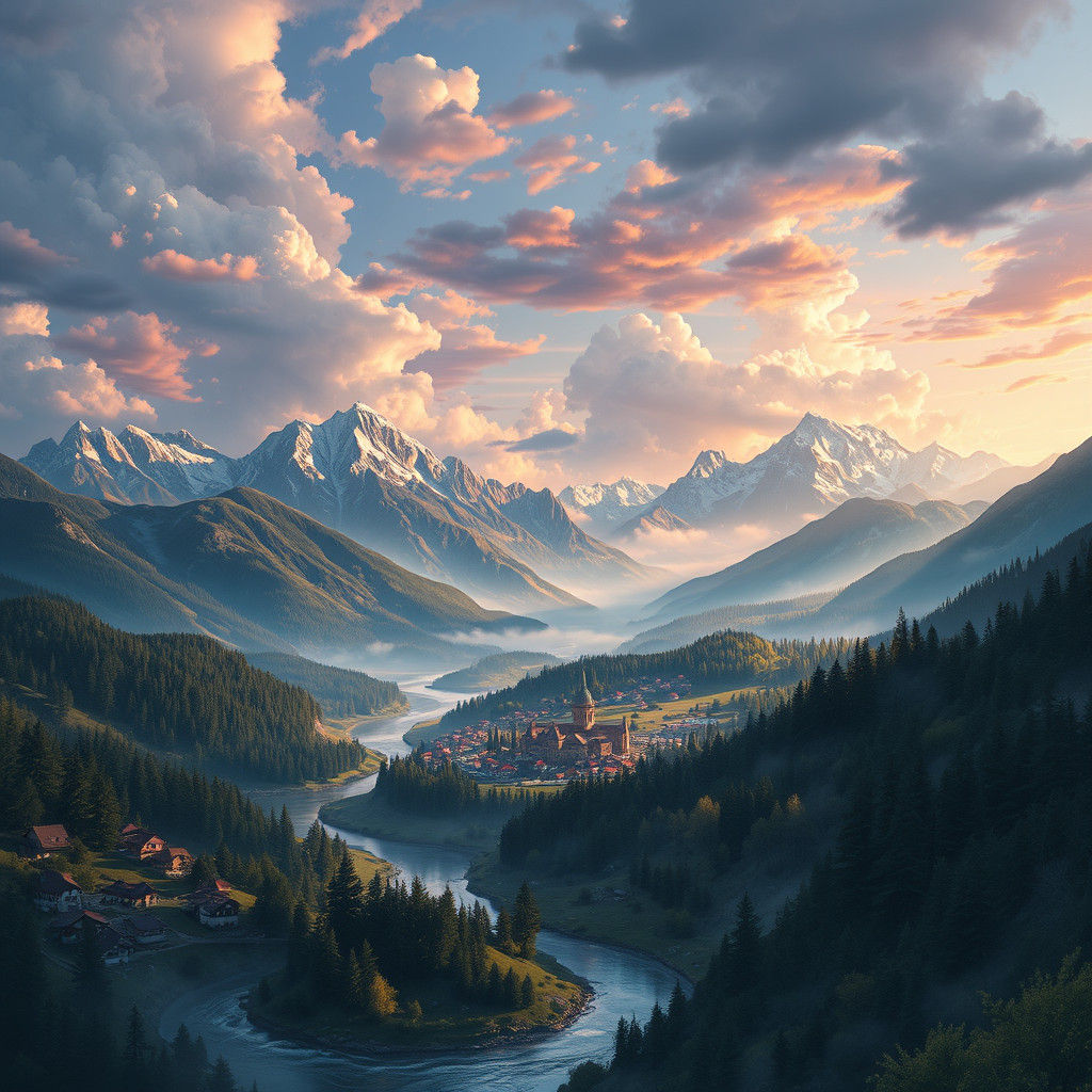 Hyperrealistic Valley Landscape with Mountains and Rivers
