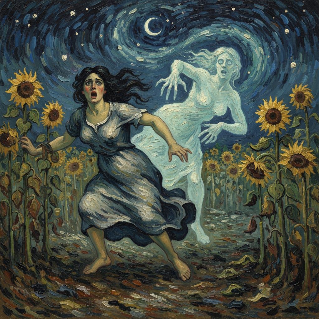 Dark Post-Impressionist Painting of Woman Fleeing Ghost