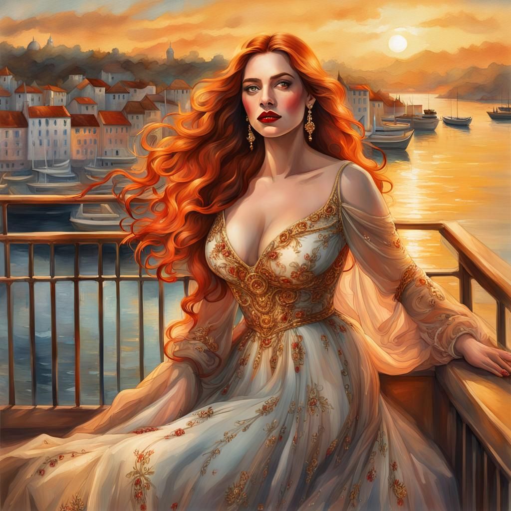 Watercolor Portrait of Woman Overlooking Harbour at Sunset