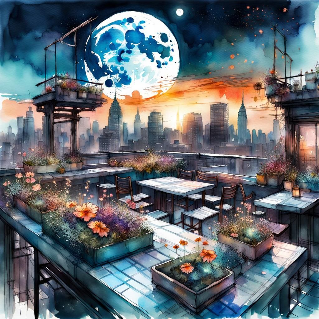 NYC Rooftop Garden in Digital Watercolor