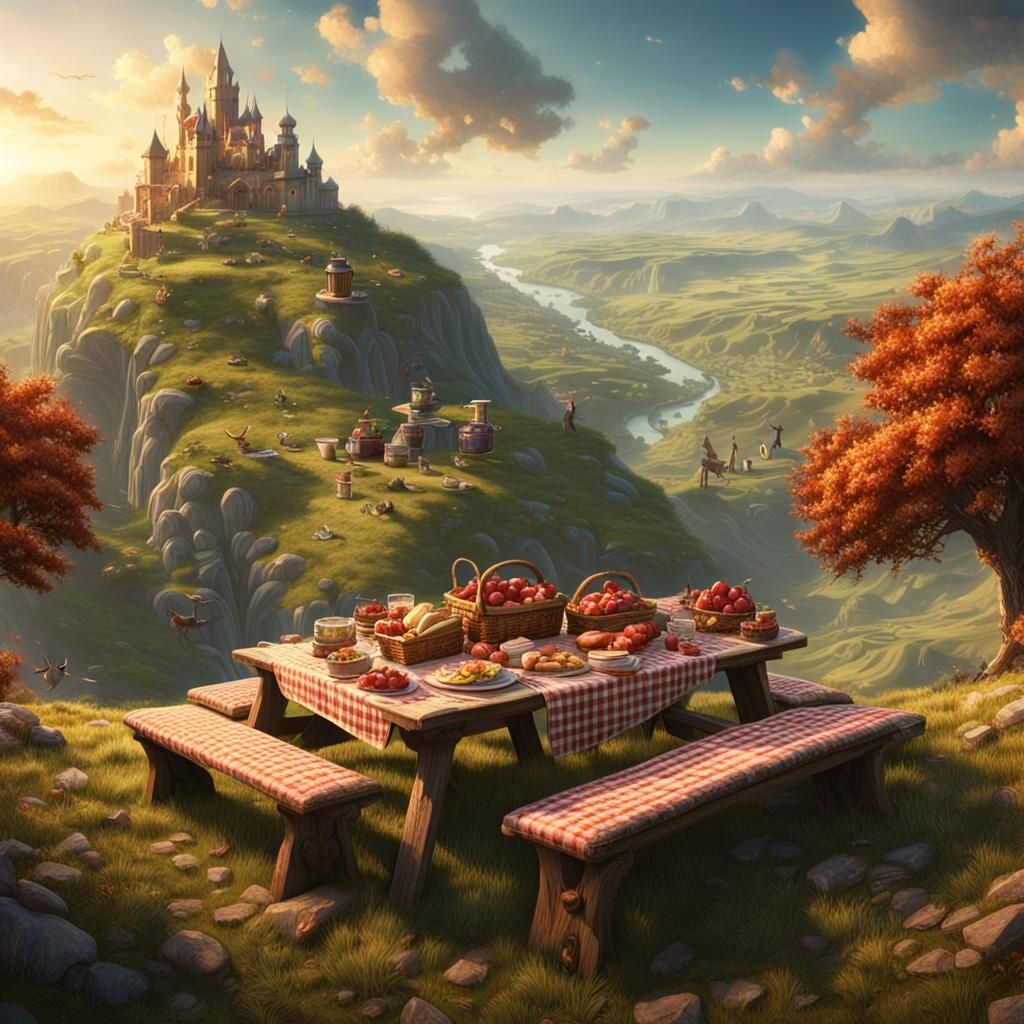 Fantastical Picnic on a Hillside as Matte Painting