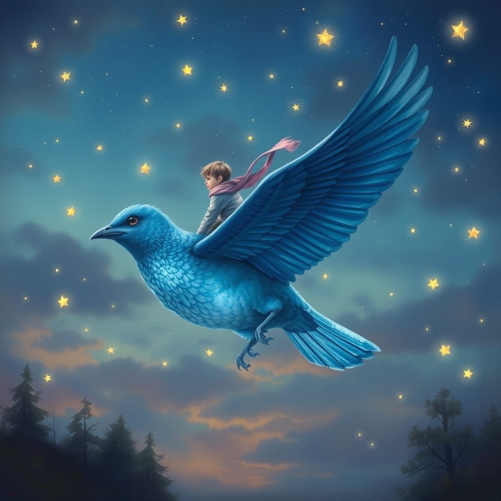Child Rides Blue Bird Through Starry Twilight Sky