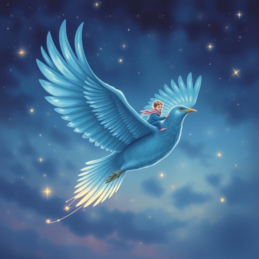 Child Rides Giant Blue Bird in Starry Sky