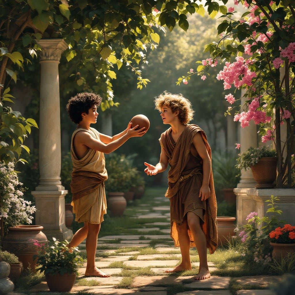 Roman Boys Play in a Classical Garden Setting