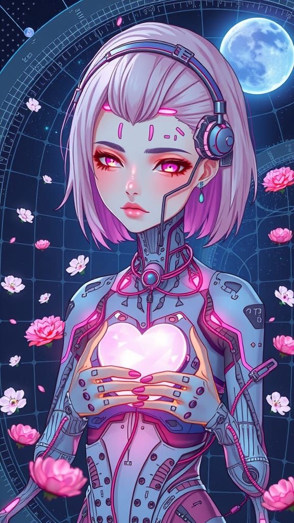 Cybernetic Girl in Starlit Observatory, Blending Organic and...