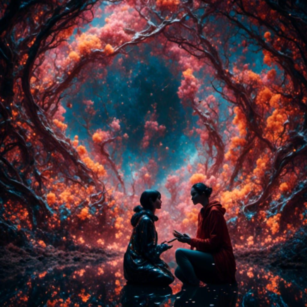 Two People Talking Surrounded by Roses