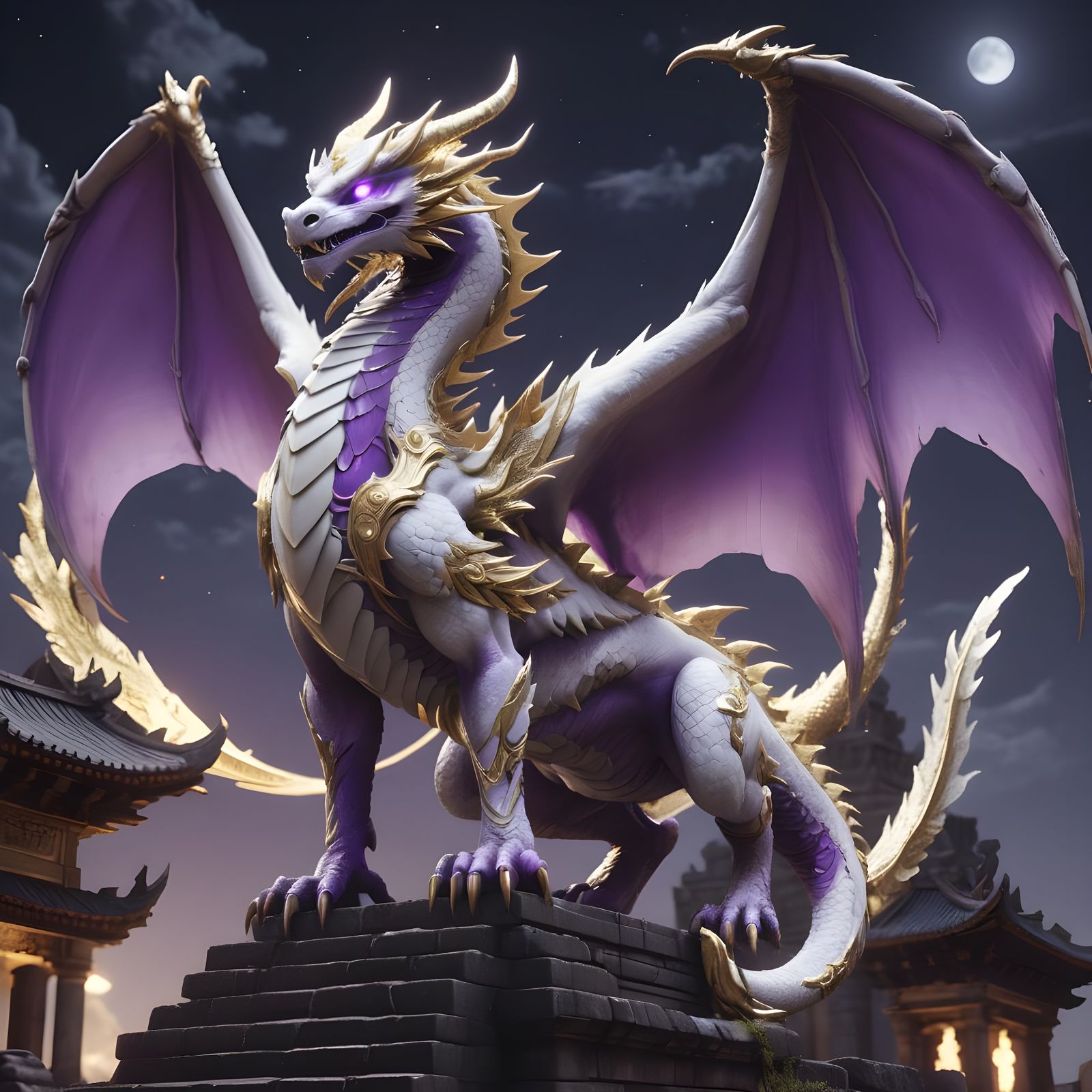 Moon Dragon Guarding Temple Ruins at Night