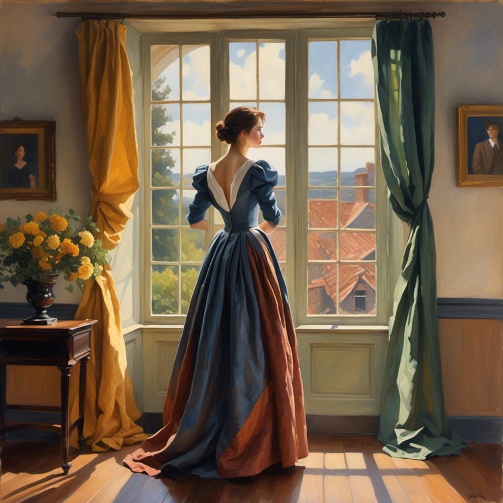 Woman at Window: Impressionist Gouache Painting