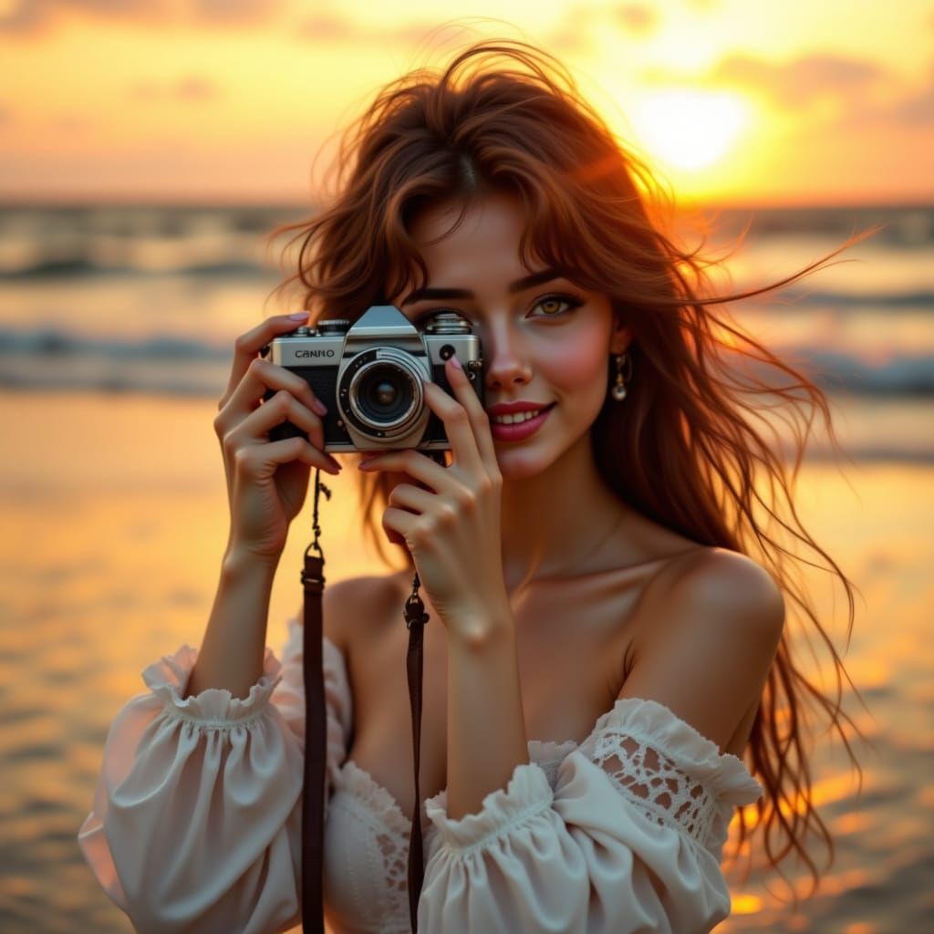 Asian Girl Captures Golden Hour Sunset on Beach