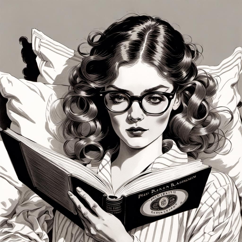 Romantic Girl Reading in Pajamas Illustration