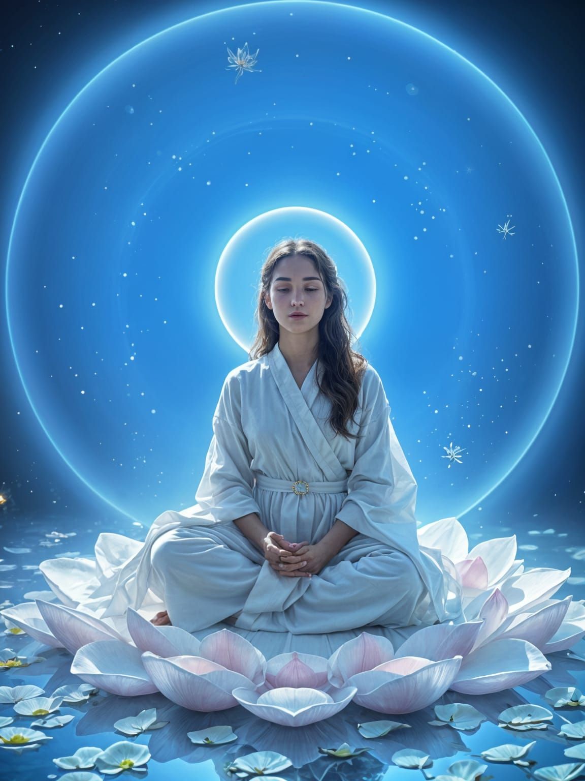 Ethereal Woman Meditating in Luminous Blue Sphere