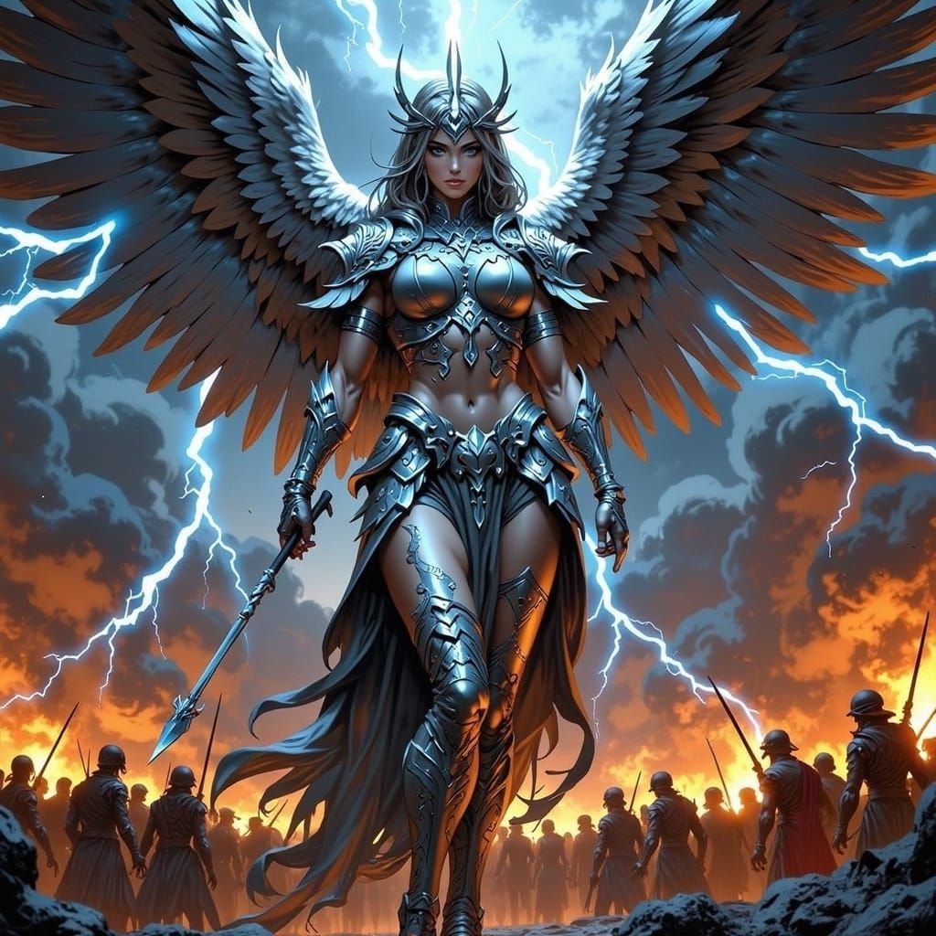 Imposing Armored Woman Wields Lightning in Art Nouveau Style