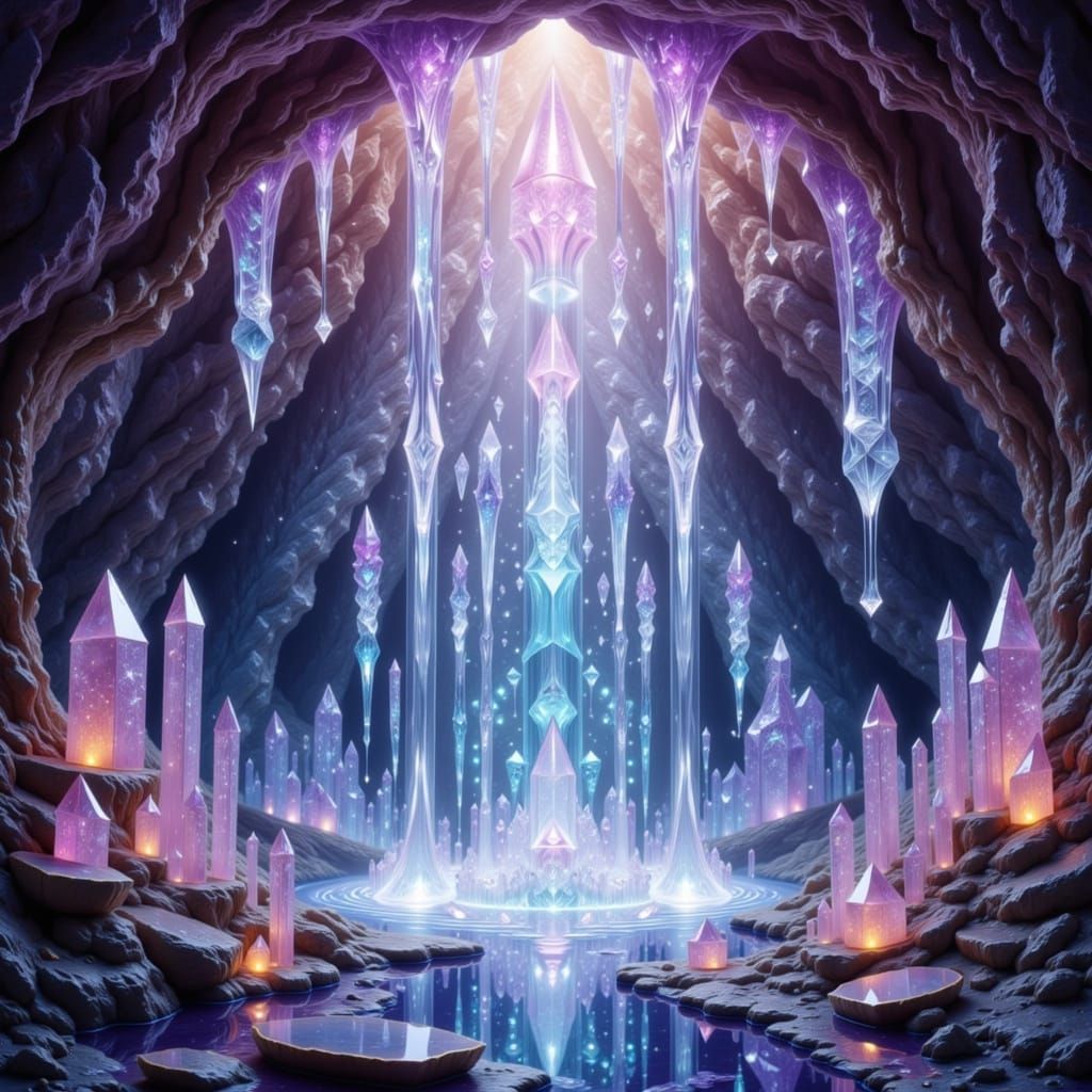 Ethereal Crystal Cave Waterfall in Fantasy Art Style