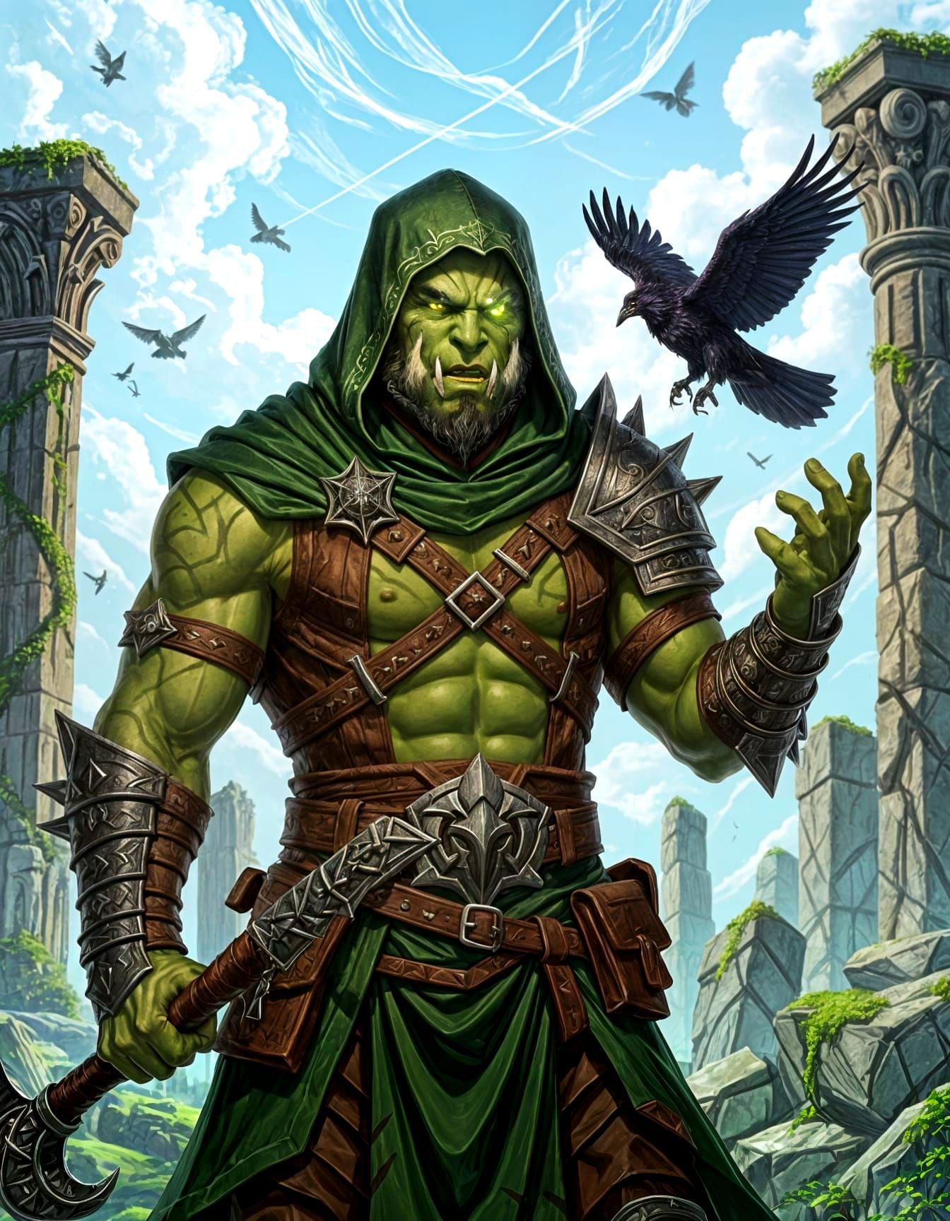 Half-Orc Warlock Conjuring Raven in Ruined Sanctuary