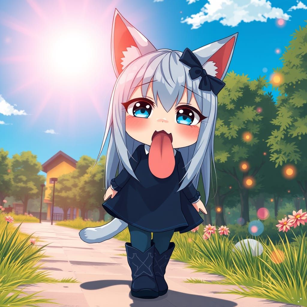 Anime Catgirl in Nature Park: Synthwave Style
