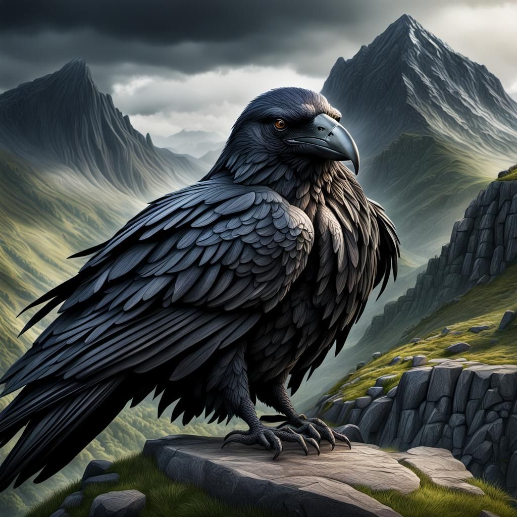 Celtic Raven Mountain Logo in Hyperrealistic Style