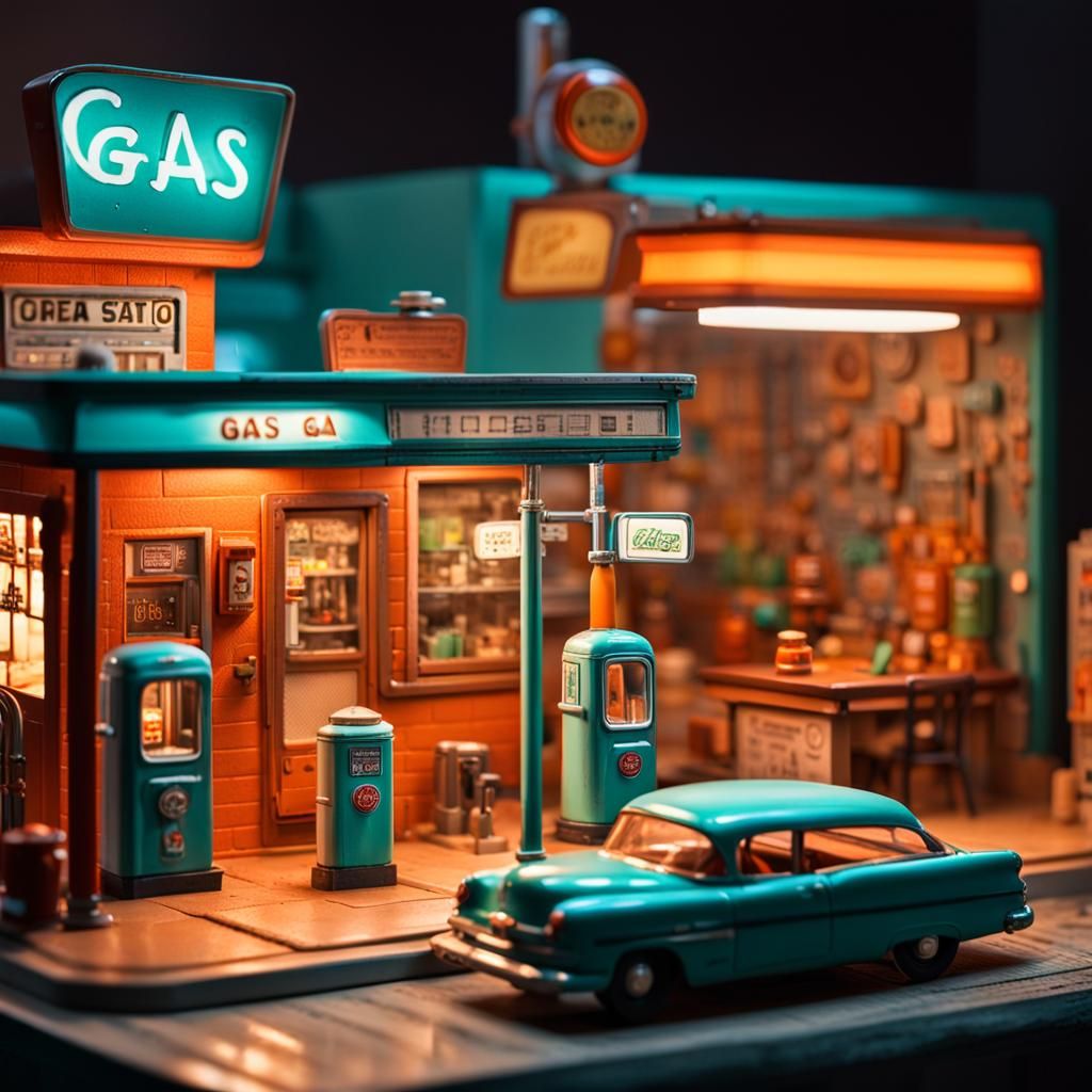 A miniature 1950's diorama town and gas station with lighted...