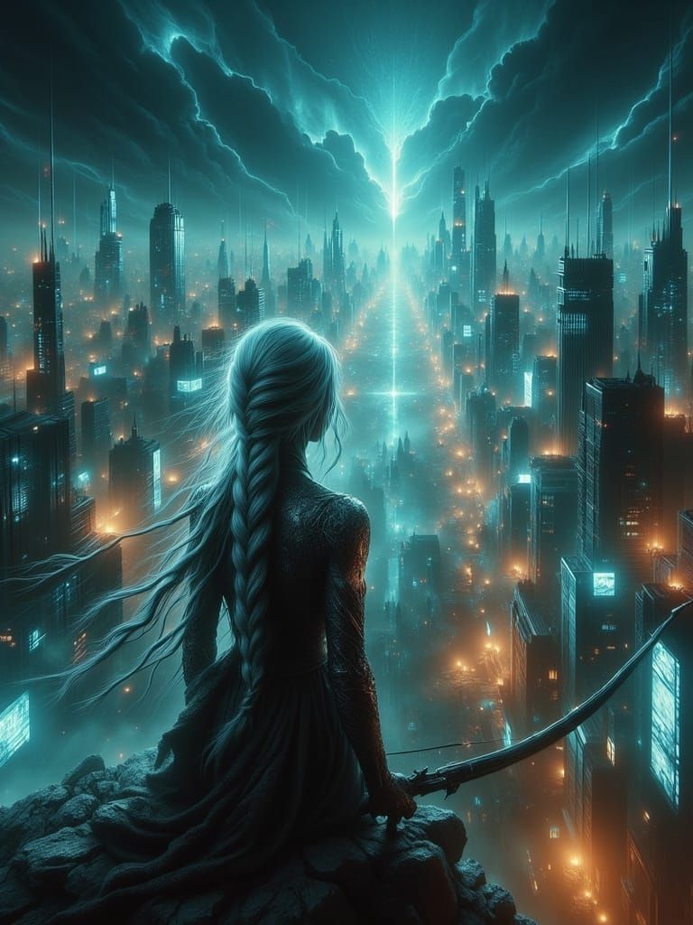 Elven Archer Overlooking Cyberpunk Cityscape in Art Nouveau ...