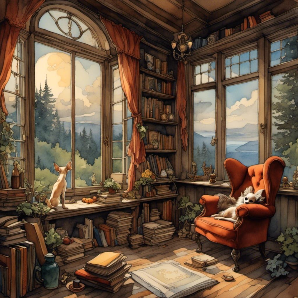 Chihuahua Waiting at Window in Watercolor Style