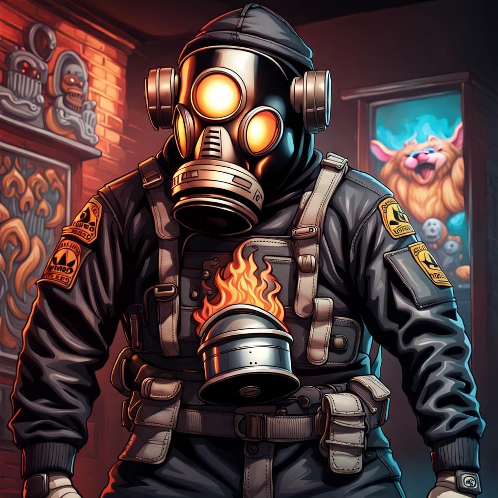 Soldier in Armor Before Burning Pizzeria: Hyperrealistic Art