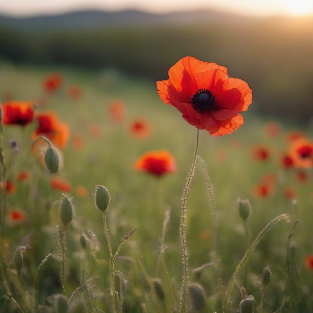Vibrant Red Poppy in Full Sunlight, Hyperrealistic Photograp...