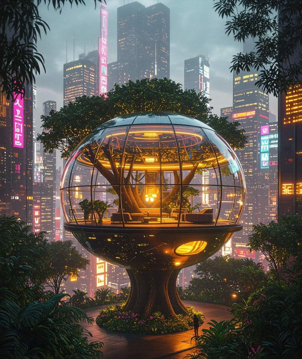 Futuristic Glass Tree House in a Warmly Lit City