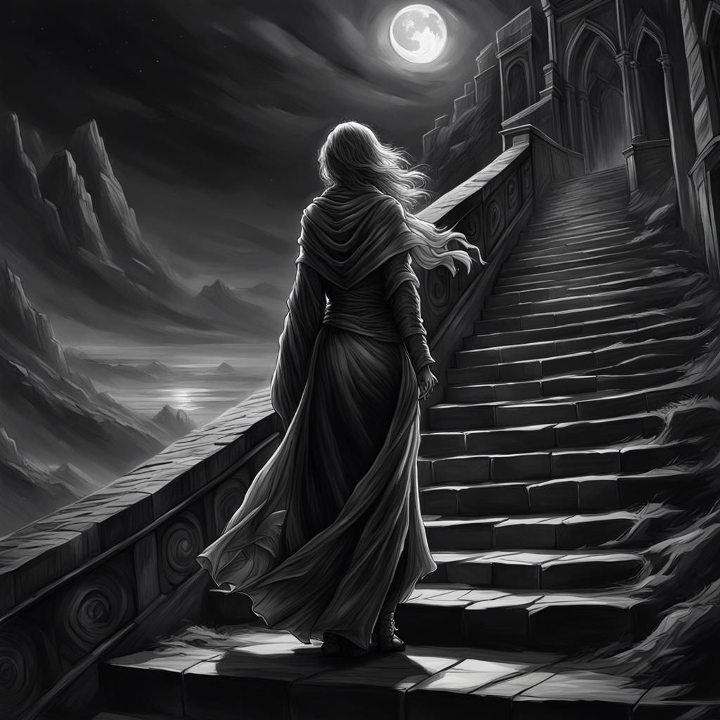 Eerie Woman Descends Stairs: Pencil Drawing in Dark Fantasy ...
