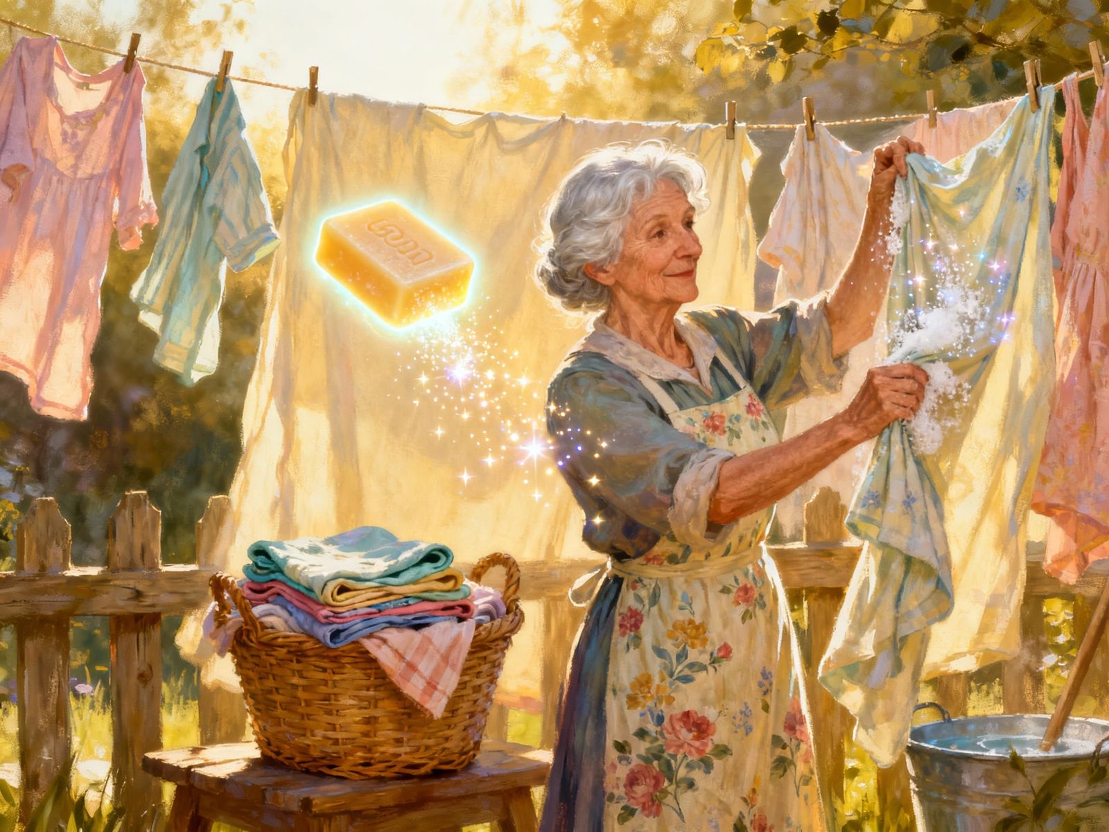 Magical Laundry Day: Woman and Self-Folding Clothes