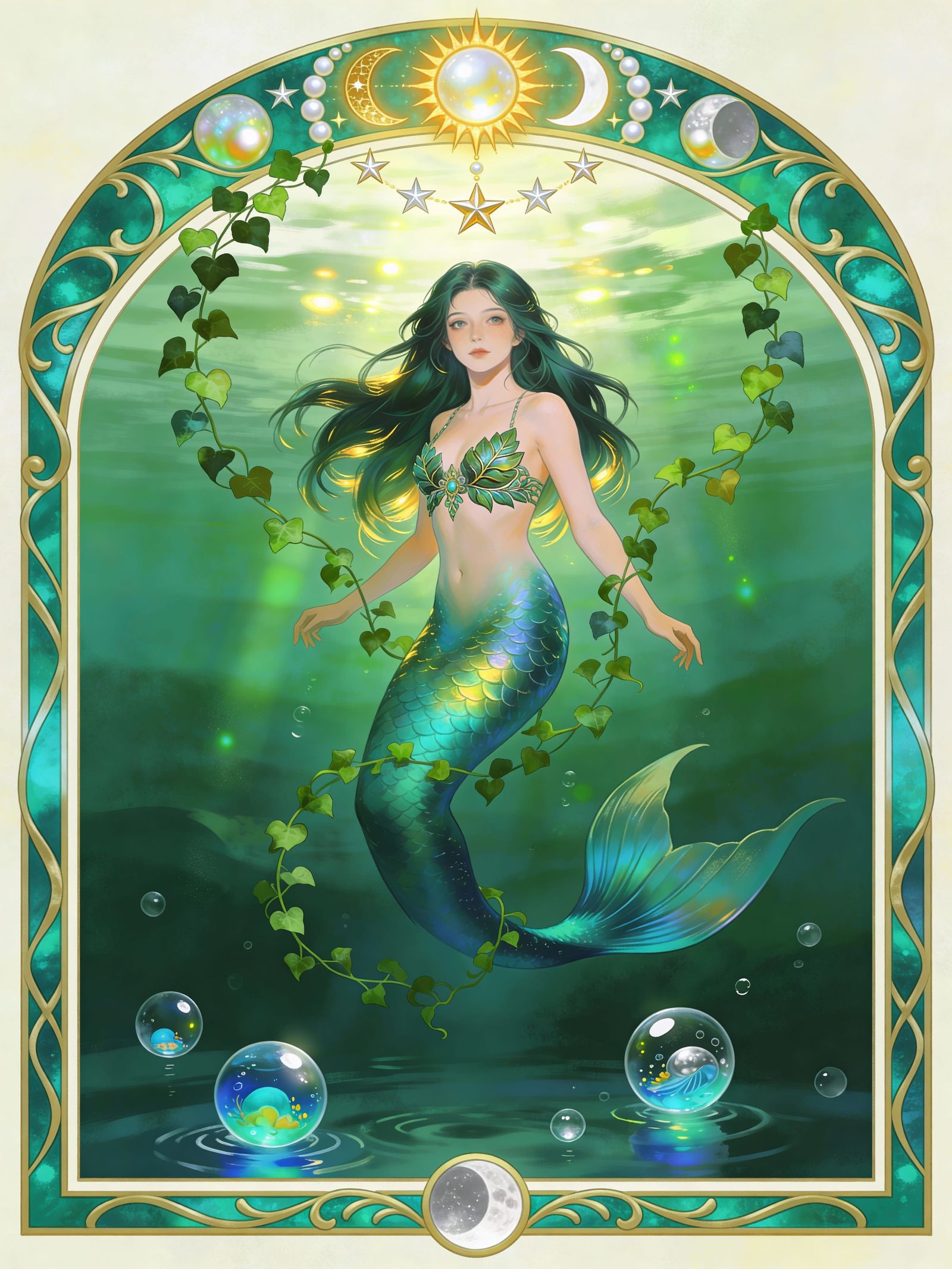 Elegant Mermaid in Emerald and Petrol Frame
