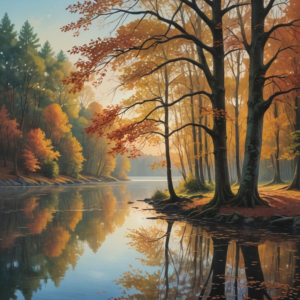 Autumn Lake Sunset in Oil Painting Style