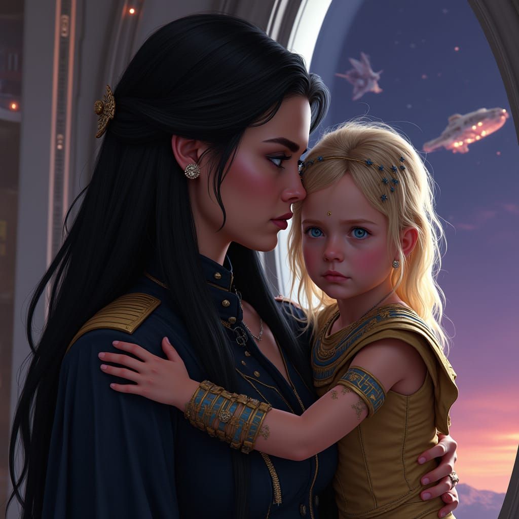 Sci-Fi Goddess with Daughter on Space Station