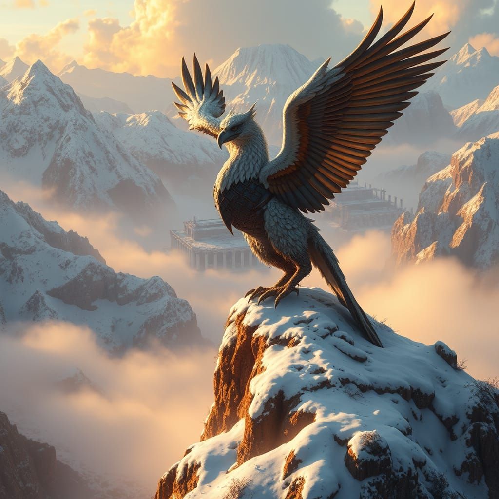 Armored Griffin Overlooks Valley in Detailed Matte Painting