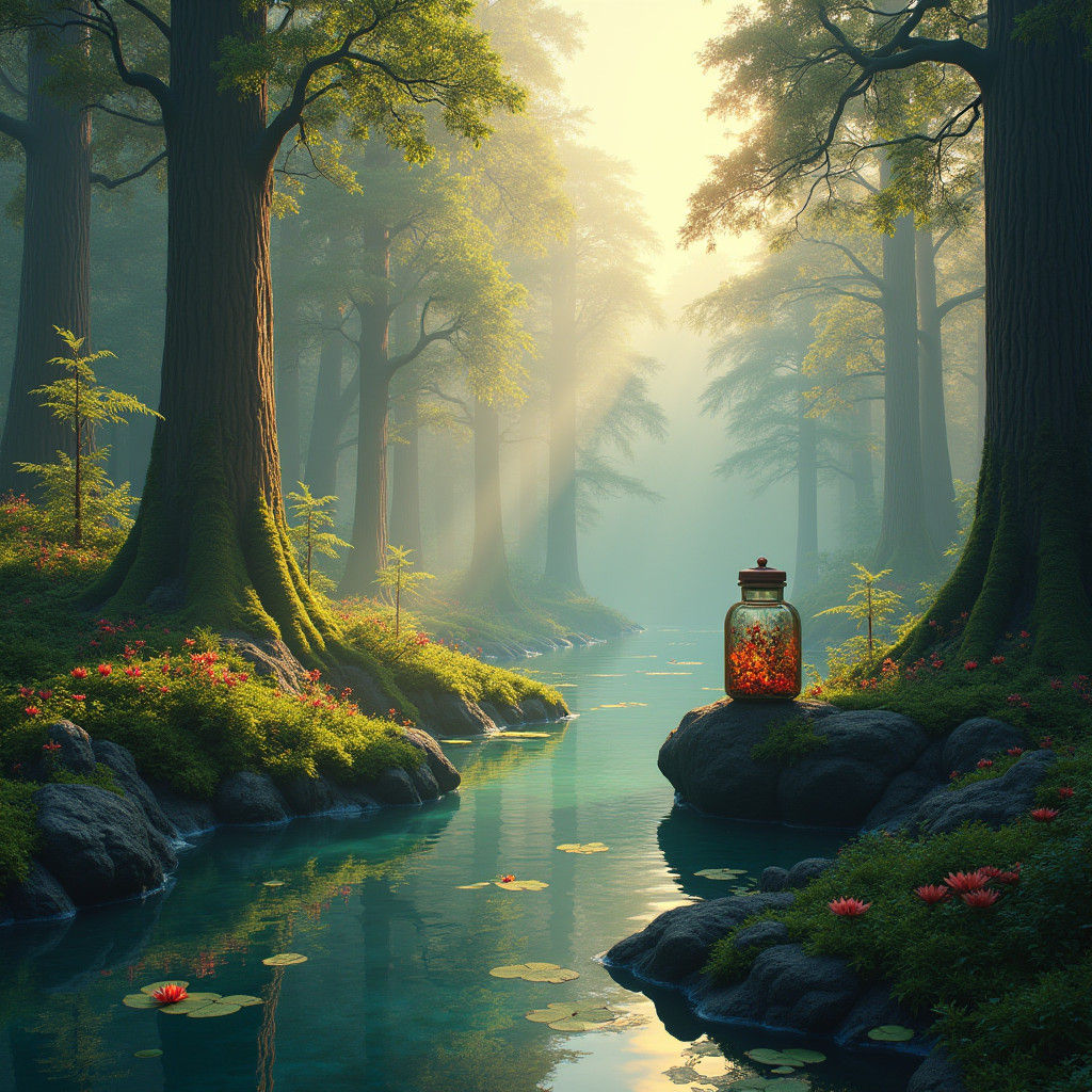 Enchanted Redwood Forest Lake at Golden Hour