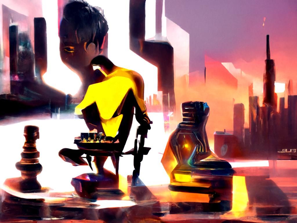 Cyberpunk Chess Game in Neon Cityscape