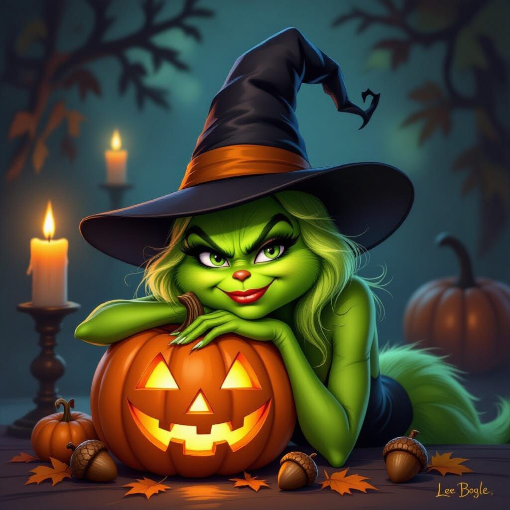 Green Grinch Witch with Pumpkin, Autumn Halloween Scene
