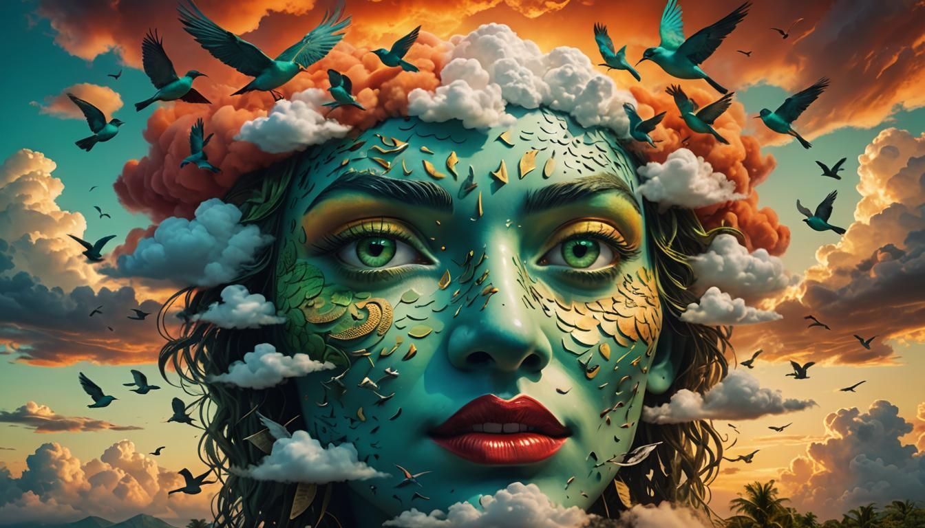 Surreal Cloudscape with Majestic Avian Face