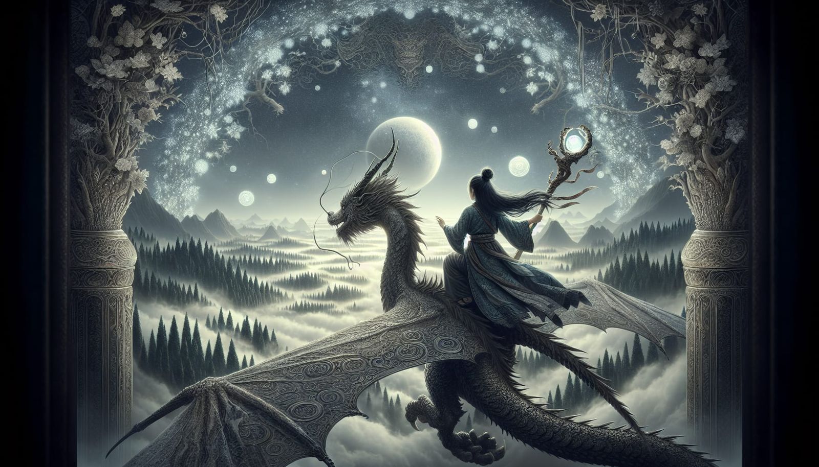 Witch Riding Dragon Over Kingdom in Fantasy Illustration Sty...