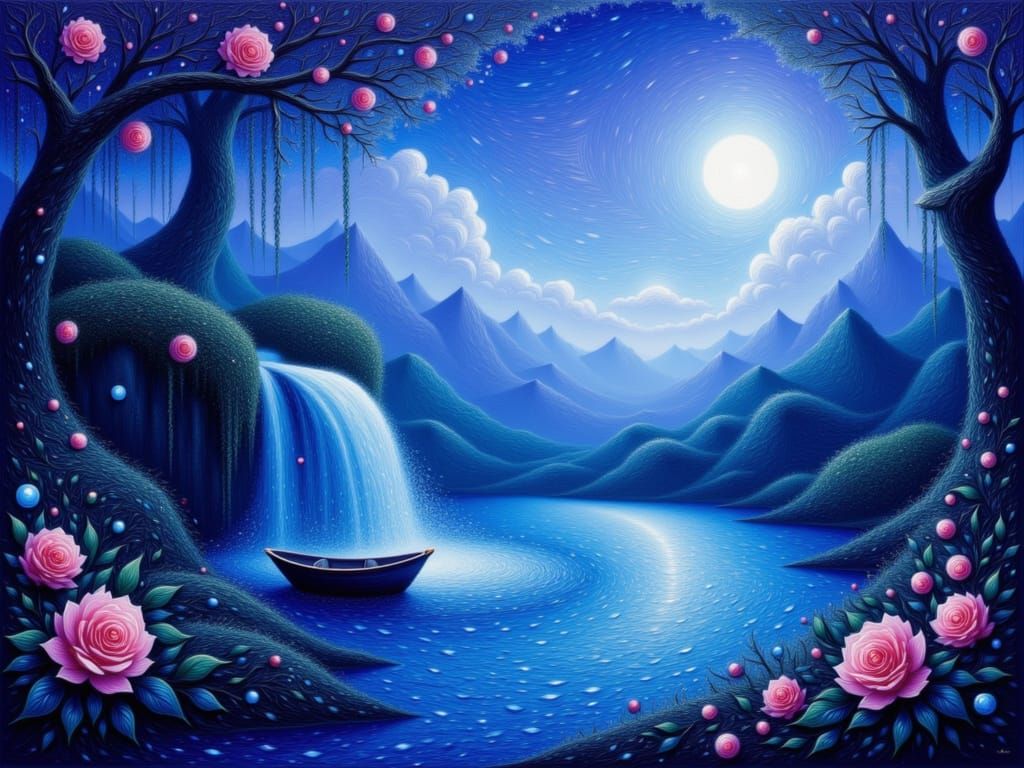 Moonlit Secret Garden with Ethereal Waterfall